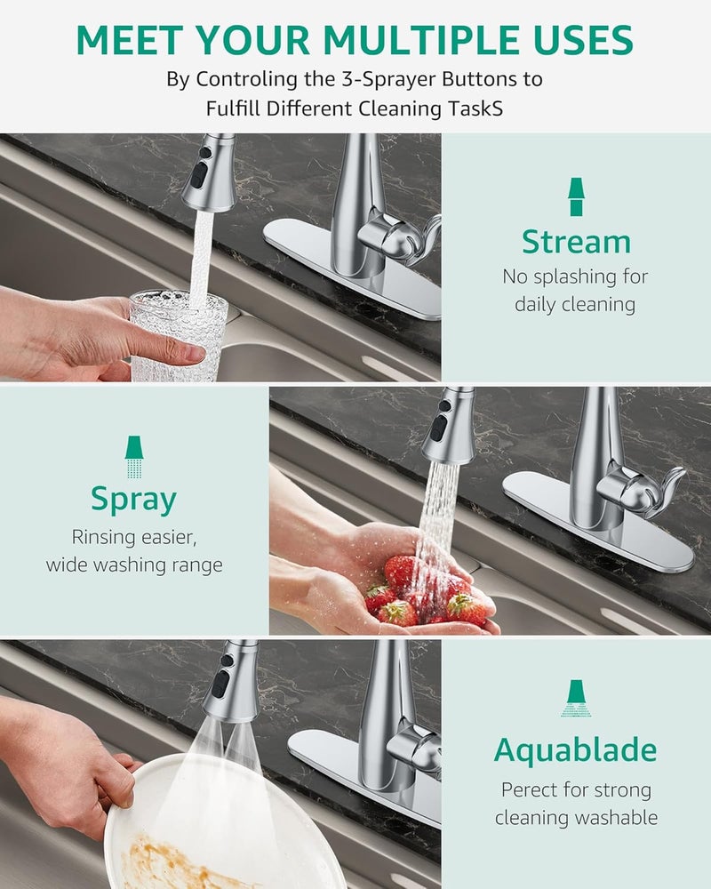 Mbillion Universal Polished Chrome Kitchen Faucet Head Replacement, 3 Function ABS Sink Faucet Head, Pull-Down Nozzle with 14 Adapters, Compatible with Moen,Delta,Kohler,WEWE American Standard - Image 3